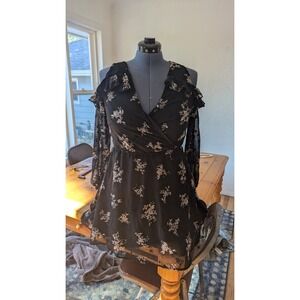 Floral Cold Shoulder Mini Dress Black Sheer Long Sleeve Ruffle Party‎